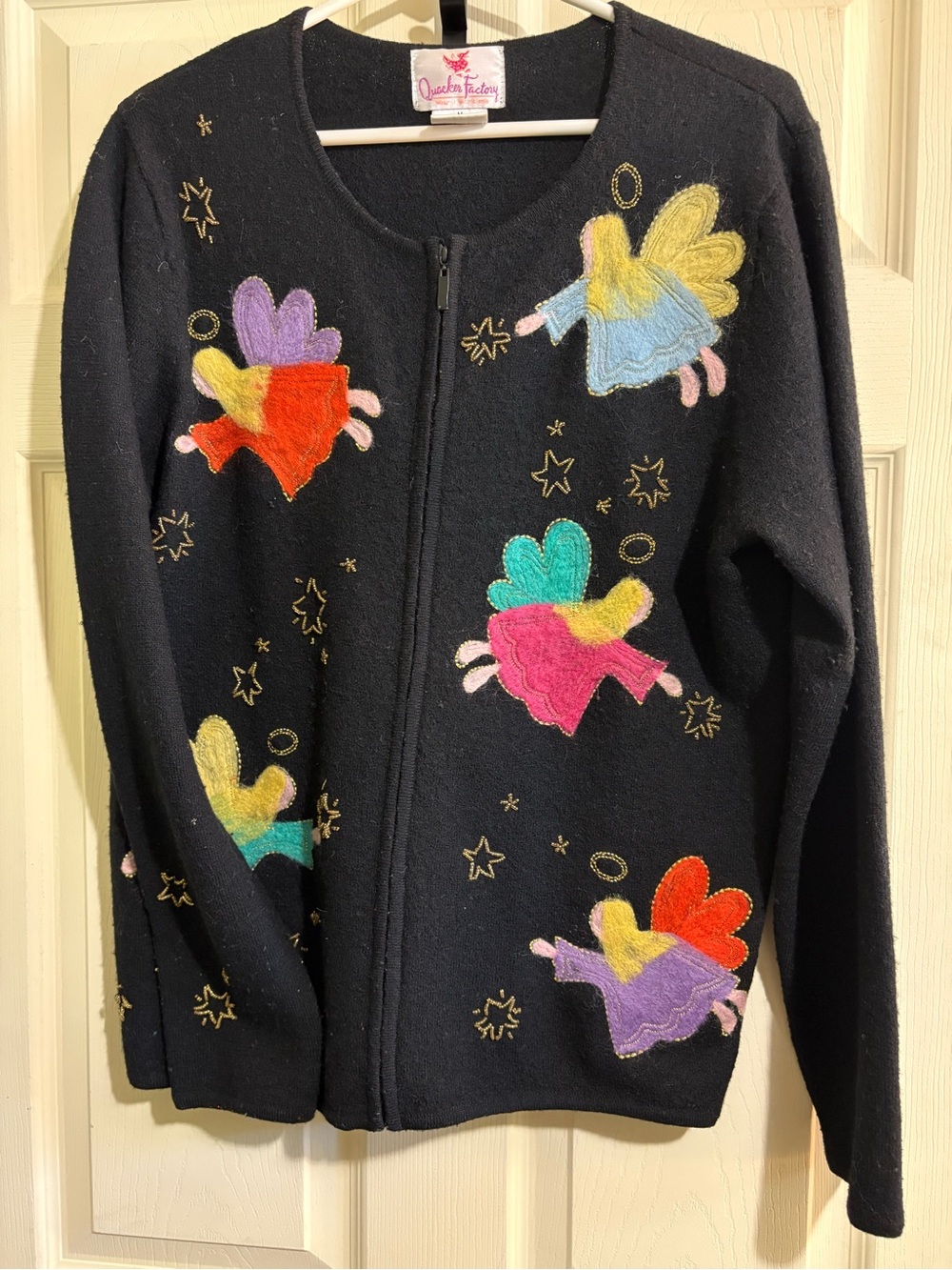 Vintage Quaker Factory Zip-Up Wool Cardigan Sequins Colorful Angel Appliques